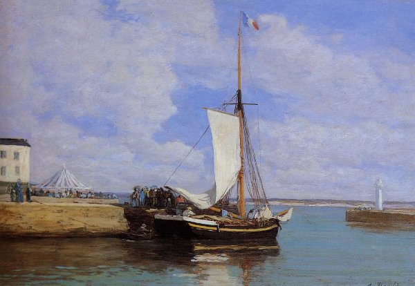Honfleur, the Port, Docked Sailboat by Eugene-Louis Boudin - Hand-Painted Oil Painting Reproduction