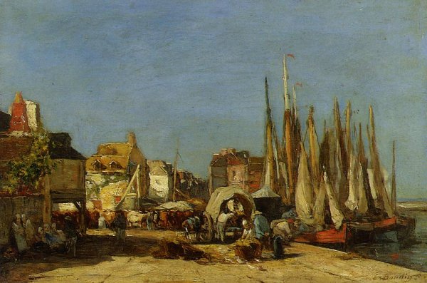 Honfleur, the Quarantine Dock and the Cattle Market by Eugene-Louis Boudin - Hand-Painted Oil Painting Reproduction