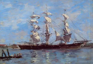 Honfleur, Three Master in Port by Eugene-Louis Boudin - Oil Painting Reproduction