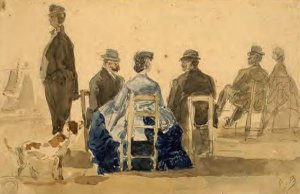 Ladies and Gentlemen Seated on the Beach with a Dog by Eugene-Louis Boudin Oil Painting