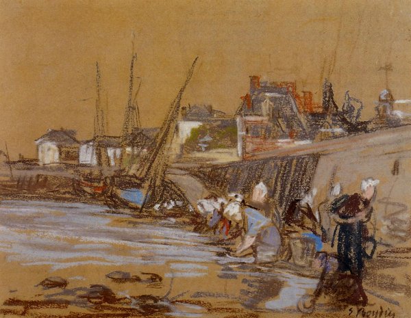 Laundresses in the Port of Honfleur by Eugene-Louis Boudin - Hand-Painted Oil Painting Reproduction