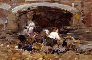 Laundresses near a Bridge Oil painting by Eugene-Louis Boudin