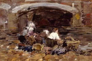 Laundresses near a Bridge by Eugene-Louis Boudin - Oil Painting Reproduction