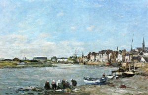 Laundresses on the Banks of the Port of Trouville by Eugene-Louis Boudin Oil Painting