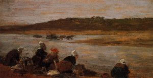 Laundresses on the Banks of the Touques also known as The Effect of Fog by Eugene-Louis Boudin Oil Painting