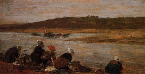 Laundresses on the Banks of the Touques also known as The Effect of Fog by Eugene-Louis Boudin - Hand-Painted Oil Painting Reproduction