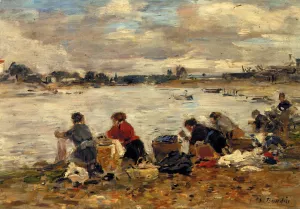 Laundresses on the Banks of the Touques by Eugene-Louis Boudin Oil Painting