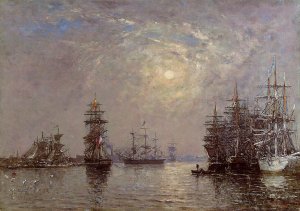 Le Havre: European Basin, Sailing Ships at Anchor, Sunset by Eugene-Louis Boudin Oil Painting