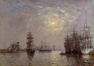 Le Havre: European Basin, Sailing Ships at Anchor, Sunset painting by Eugene-Louis Boudin