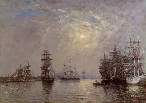 Le Havre: European Basin, Sailing Ships at Anchor, Sunset by Eugene-Louis Boudin Oil Painting