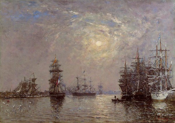 Le Havre: European Basin, Sailing Ships at Anchor, Sunset by Eugene-Louis Boudin - Hand-Painted Oil Painting Reproduction