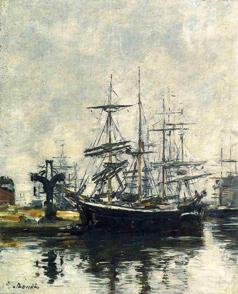Le Havre, Sailboats at Dock, Bassin de la Barre by Eugene-Louis Boudin - Hand-Painted Oil Painting Reproduction
