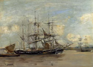 Le Havre, Three Master at Anchor in the Harbor by Eugene-Louis Boudin Oil Painting