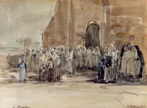 Leaving Mass at Plougastel by Eugene-Louis Boudin - Oil Painting Reproduction