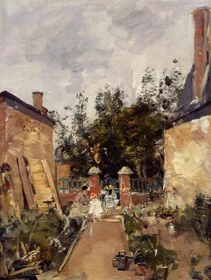 Madame S with Her Children in Their Garden at Trouville by Eugene-Louis Boudin Oil Painting
