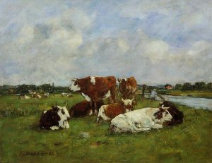 Pasturage on the Banks of the Touques by Eugene-Louis Boudin Oil Painting