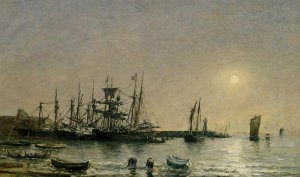 Portrieux, Boats at Anchor in Port by Eugene-Louis Boudin Oil Painting