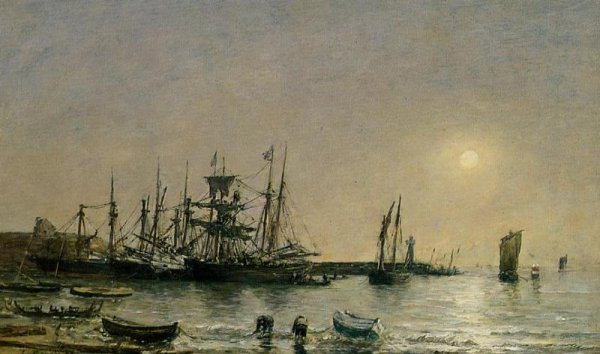 Portrieux, Boats at Anchor in Port by Eugene-Louis Boudin - Hand-Painted Oil Painting Reproduction