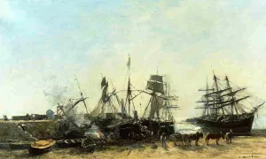 Portrieux, the Port at Low Tide, Unloading Fish by Eugene-Louis Boudin Oil Painting