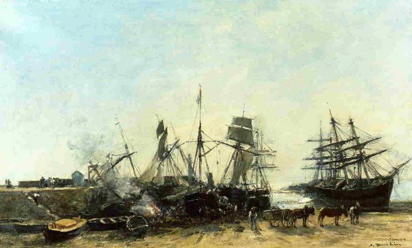 Portrieux, the Port at Low Tide, Unloading Fish by Eugene-Louis Boudin - Hand-Painted Oil Painting Reproduction