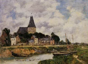Quillebeuf, View of the Church from the Canal by Eugene-Louis Boudin - Oil Painting Reproduction
