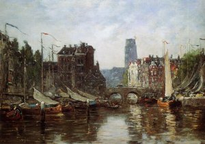Rotterdam, Le Pont de Bourse by Eugene-Louis Boudin Oil Painting