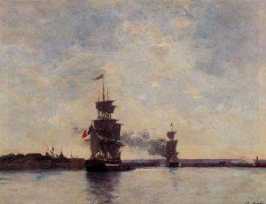 Sailing Ships Entering Port by Eugene-Louis Boudin Oil Painting