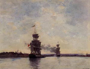 Sailing Ships Entering Port by Eugene-Louis Boudin Oil Painting