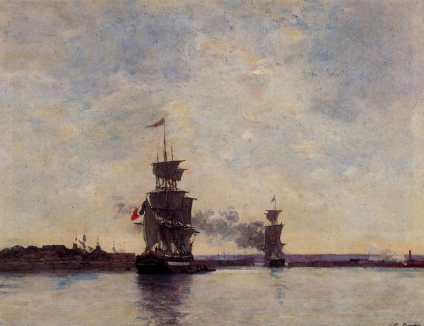 Sailing Ships Entering Port by Eugene-Louis Boudin - Hand-Painted Oil Painting Reproduction