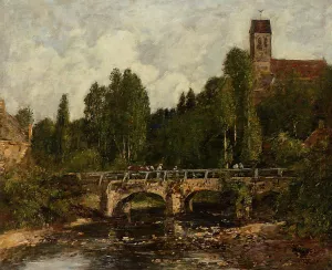 Saint-Cenery, the Church and the Bridge by Eugene-Louis Boudin - Oil Painting Reproduction