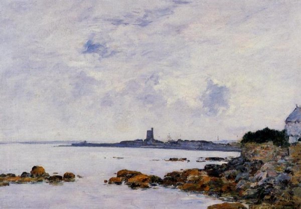 Saint-Vaast-la-Houghe, the Rocks and the Fort by Eugene-Louis Boudin - Hand-Painted Oil Painting Reproduction