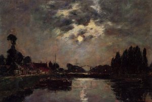 Saint-Valery-sur-Somme, Moonrise over the Canal by Eugene-Louis Boudin Oil Painting