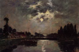 Saint-Valery-sur-Somme, Moonrise over the Canal by Eugene-Louis Boudin - Oil Painting Reproduction