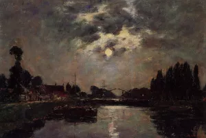Saint-Valery-sur-Somme, Moonrise over the Canal by Eugene-Louis Boudin Oil Painting