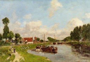 Saint-Velery-sur-Somme, Barges on the Canal by Eugene-Louis Boudin Oil Painting