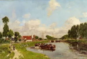 Saint-Velery-sur-Somme, Barges on the Canal by Eugene-Louis Boudin - Oil Painting Reproduction