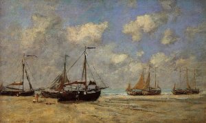 Scheveningen, Boats Aground on the Shore by Eugene-Louis Boudin Oil Painting