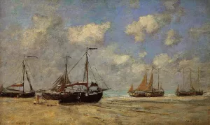 Scheveningen, Boats Aground on the Shore by Eugene-Louis Boudin Oil Painting