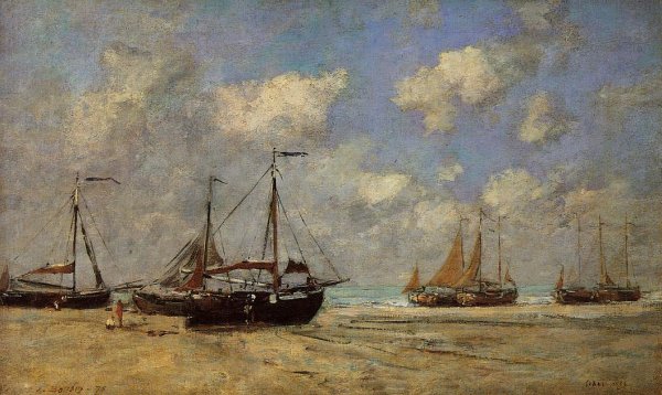 Scheveningen, Boats Aground on the Shore by Eugene-Louis Boudin - Hand-Painted Oil Painting Reproduction
