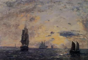 Seascape, Fishing Boats by Eugene-Louis Boudin - Oil Painting Reproduction