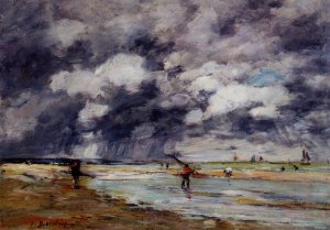 Shore at Low Tide, Rainy Weather, near Trouville by Eugene-Louis Boudin Oil Painting
