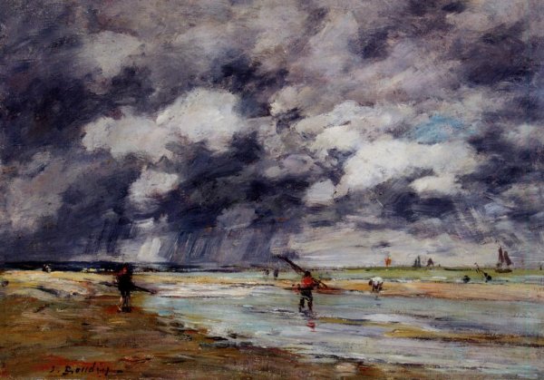Shore at Low Tide, Rainy Weather, near Trouville by Eugene-Louis Boudin - Hand-Painted Oil Painting Reproduction