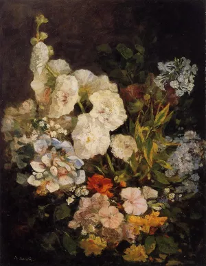 Spray of Flowers - Hollyhocks by Eugene-Louis Boudin - Oil Painting Reproduction
