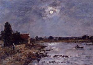The Banks of the Touques - Moonlight by Eugene-Louis Boudin Oil Painting