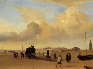 The Beach at Scheveningen after Adriaen van de Valde by Eugene-Louis Boudin - Oil Painting Reproduction