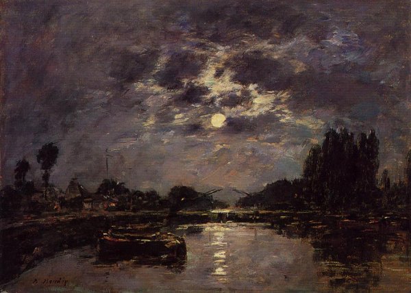 The Effect of Moonlight also known as St. Valery Canal by Eugene-Louis Boudin - Hand-Painted Oil Painting Reproduction