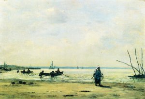 The Shore at Low Tide Near Honfleur by Eugene-Louis Boudin Oil Painting