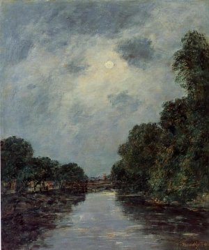 The Somme near D'Abbeville - Moonlight by Eugene-Louis Boudin Oil Painting