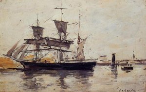 Three Masted Ship at Dock by Eugene-Louis Boudin Oil Painting