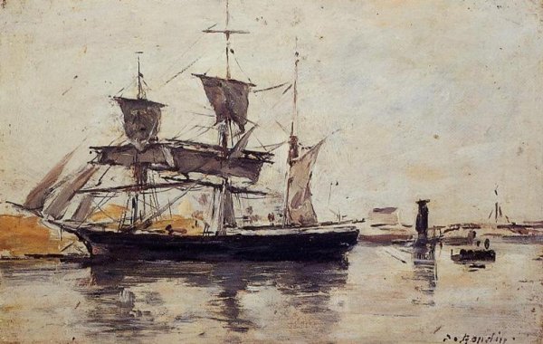 Three Masted Ship at Dock by Eugene-Louis Boudin - Hand-Painted Oil Painting Reproduction